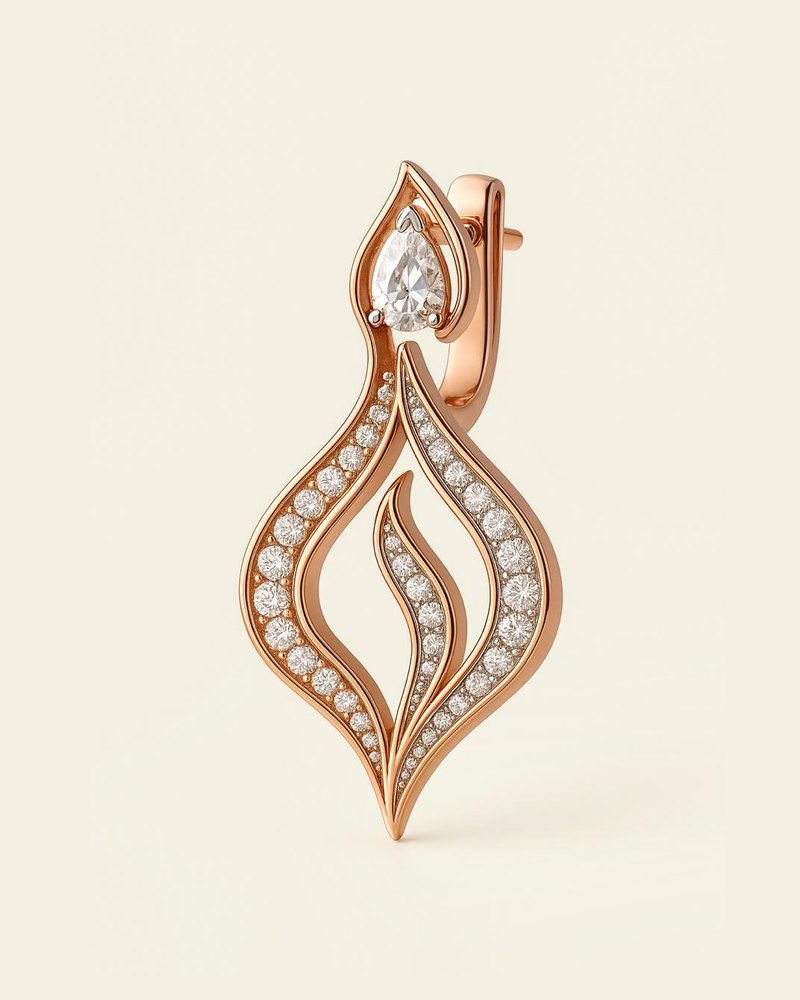 Design render of the Aube earring in rose gold: an open, flame-shaped drop below a pear-shaped stone.