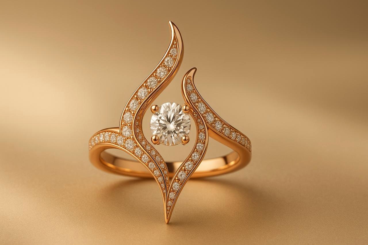Design render of the Sève ring in rose gold, close up on a warm gold backdrop.