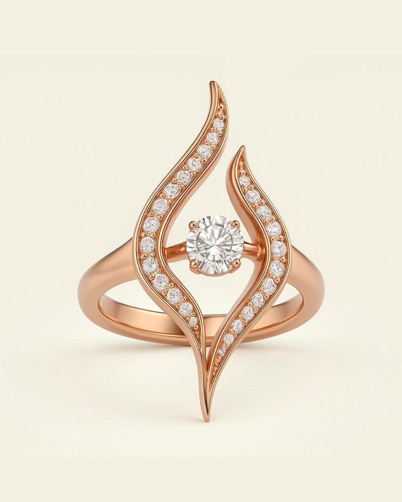 Design render of the Sève ring in rose gold: two curved, flame-like arms rising around a round center stone.